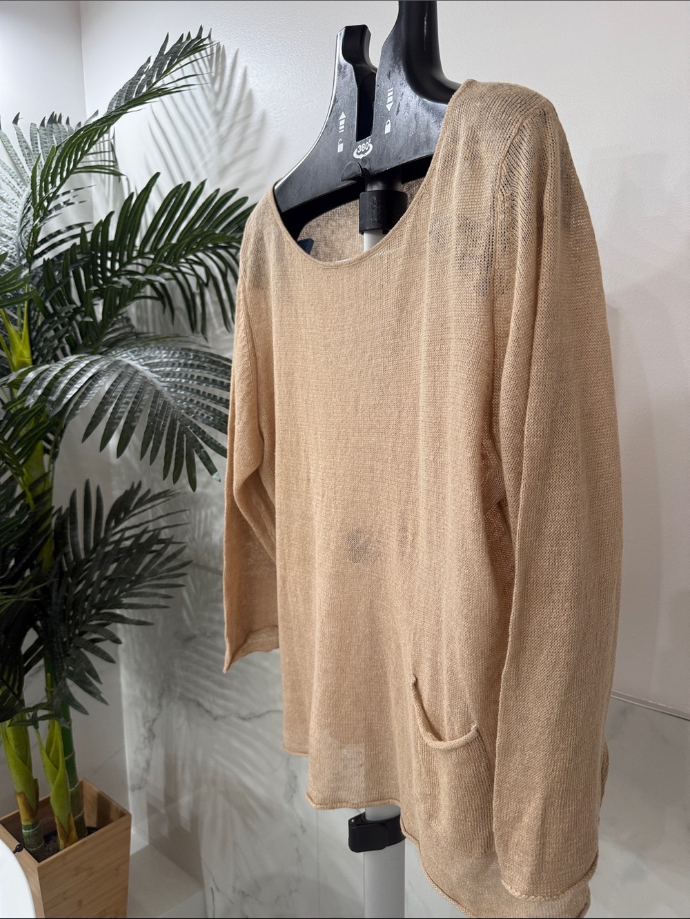 Avalin 100% Linen Lightweight Scoop-Neck Sweater in Beige with Pocket - Picture 2 of 6